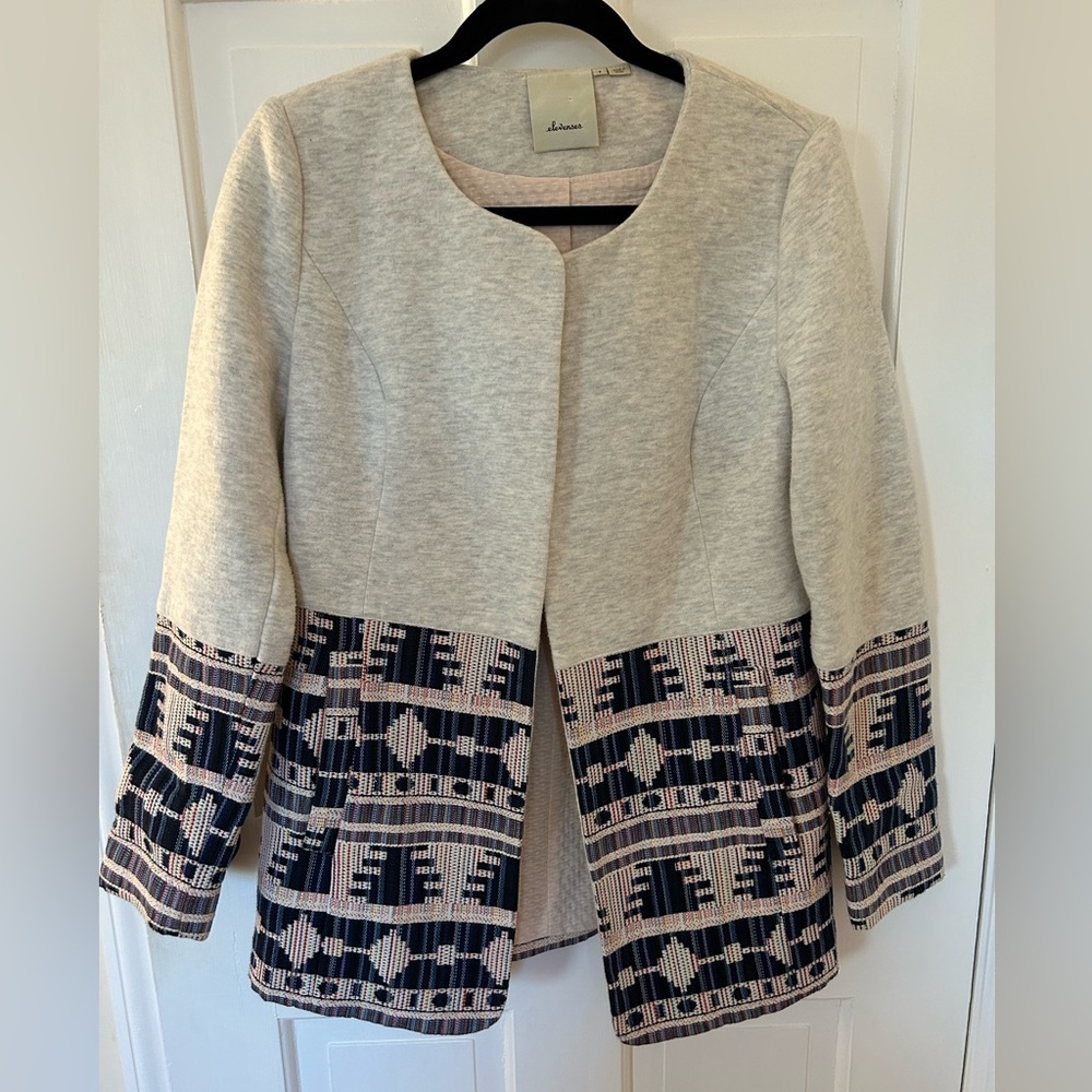 ELEVENSES ANTHROPOLOGIE OPEN FRONT BLAZER JACKET WITH NAVY EMBROIDERY SIZE SMALL
